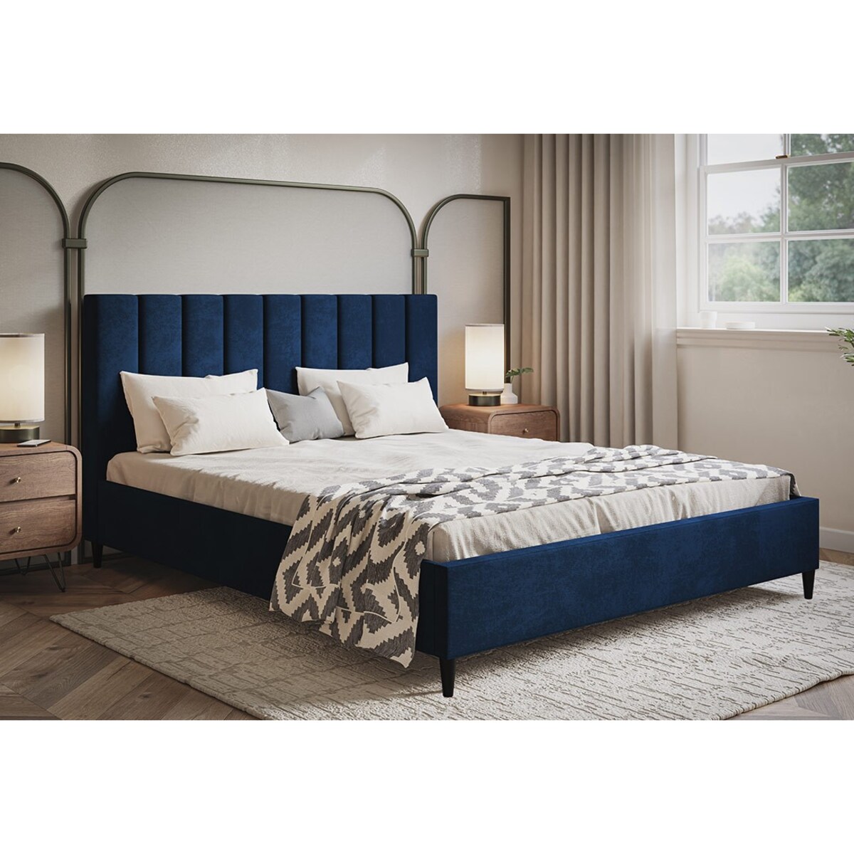 Łóżko do sypialni 160x200 LUXO 2 tapicerowane, na wysokich nogach-granatowe