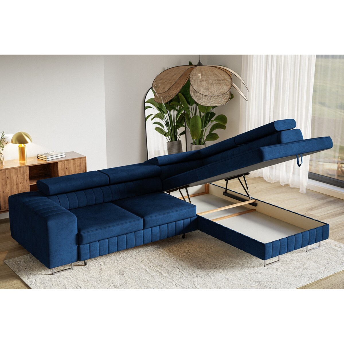 Narożnik NOLA do salonu, na srebrnych nogach-prawostronny- welur, granatowy