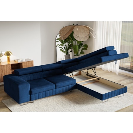 Narożnik NOLA do salonu, na srebrnych nogach-prawostronny- welur, granatowy