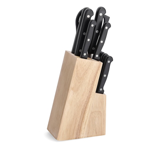 Drewniany blok na noże z nożami w zestawie