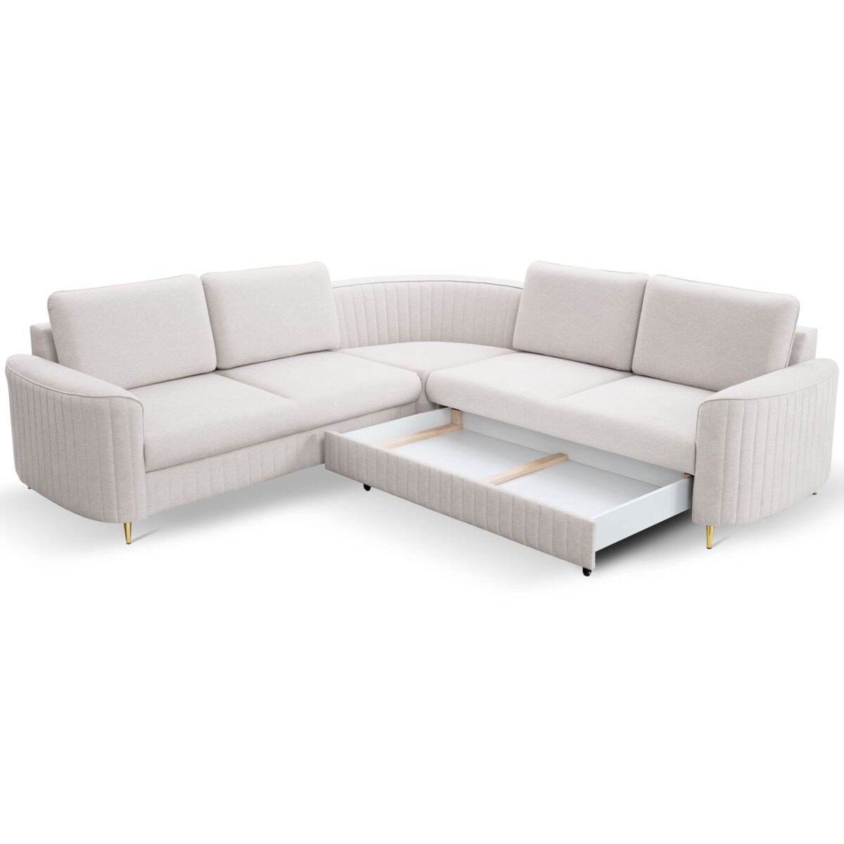 Narożnik z funkcją spania i pojemnikiem na pościel LOREN, zimny beż