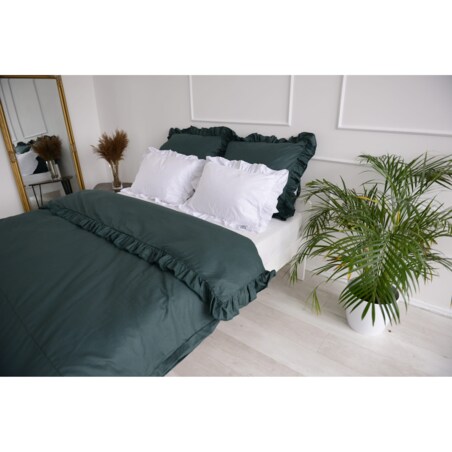 Pościel Bawełniana Z Falbanką Zestaw Komplet Do Sypialni Kołdra + 4 Poduszki 160X200 Butelkowa Zieleń Biel