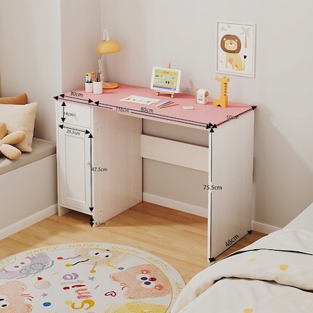 Biurko białe z szufladą szafką dla dziewczyny z różowym blatem loft pojemne