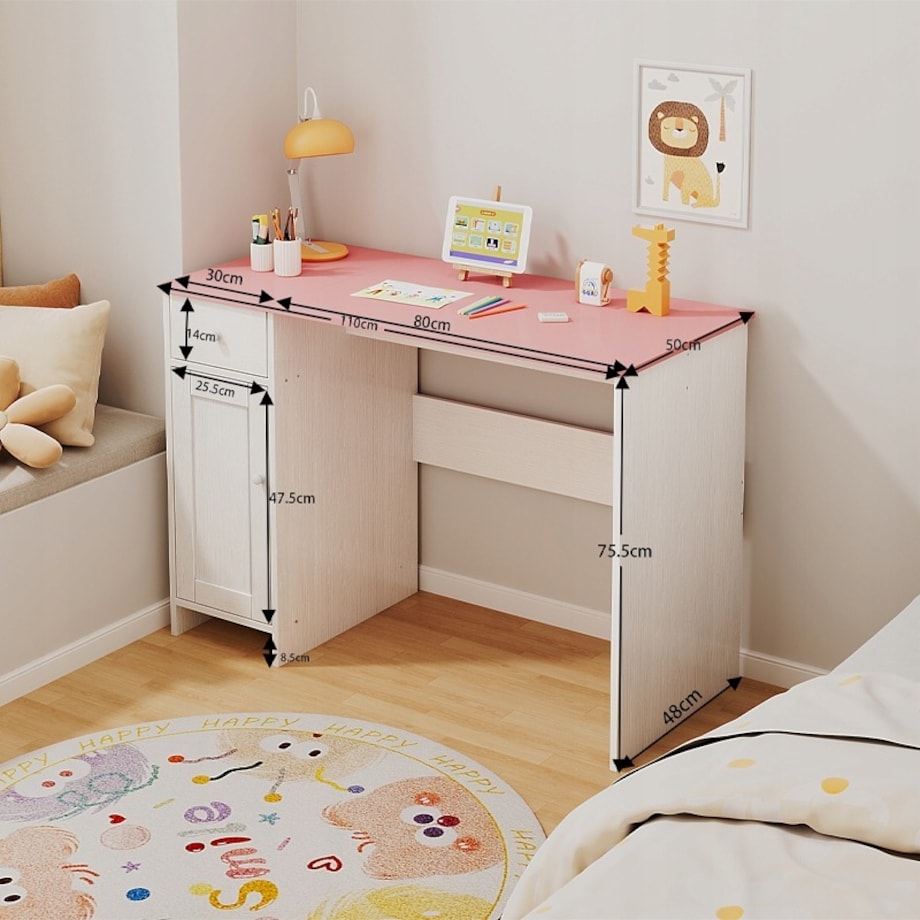 Biurko białe z szufladą szafką dla dziewczyny z różowym blatem loft pojemne