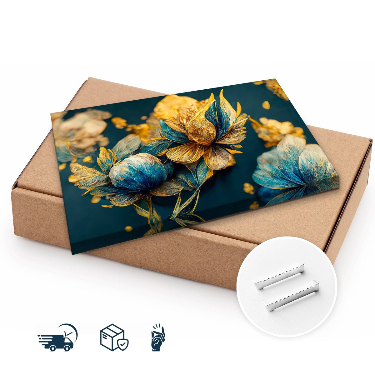 Obraz Do Sypialni Niebieskie Kwiaty Styl Glamour Elementy Złota 70x50cm