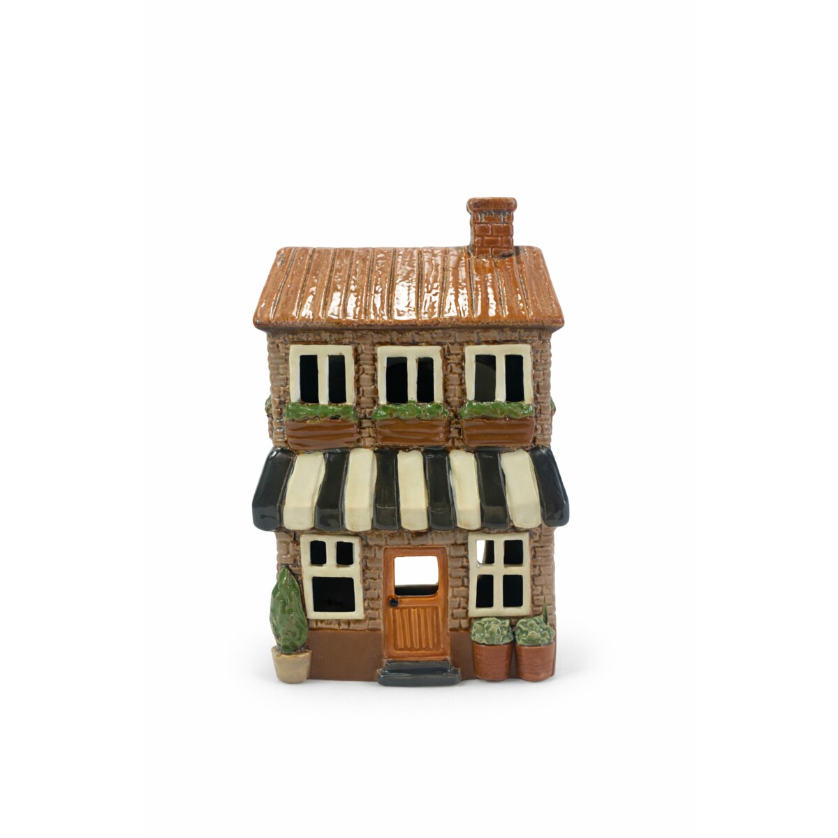 Ceramiczny domek na tea-lighty 20,5x13,5x8 cm DOMETTO brązowy z biało-czarną markizą