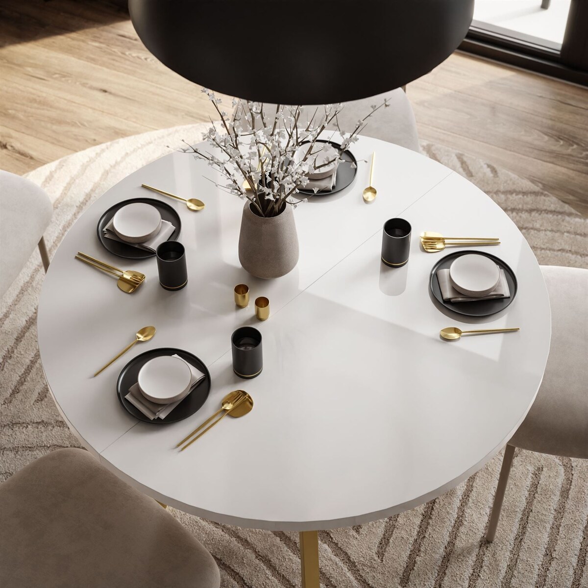 Okrągły stół rozkładany VOLTA GLOSS, nogi złote, blat biały