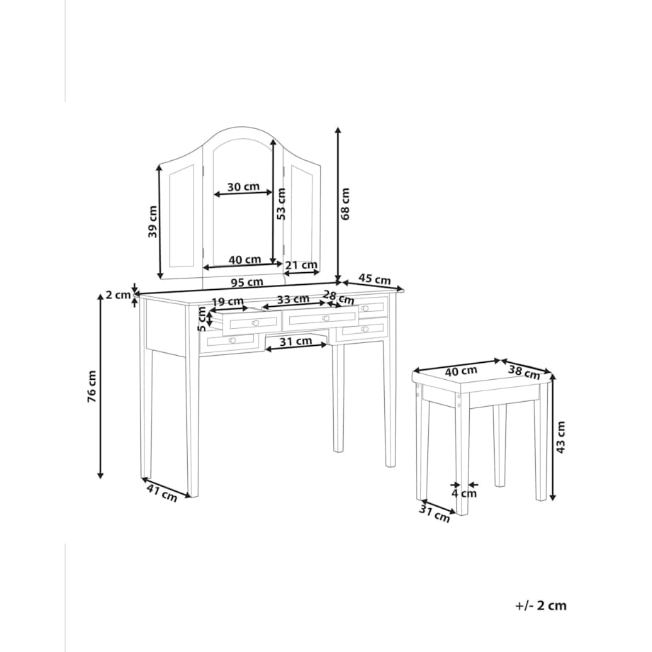 Toaletka 5 szuflad lustro i stołek biała LUMIERE
