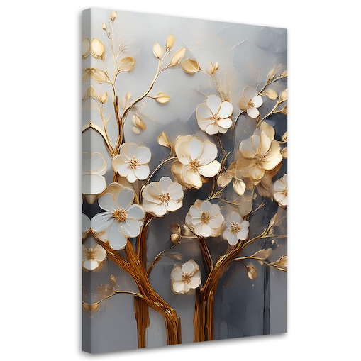 Obraz nowoczesny na ścianę do salonu Drzewo Kwiaty Abstrakcja Złoty 70x100