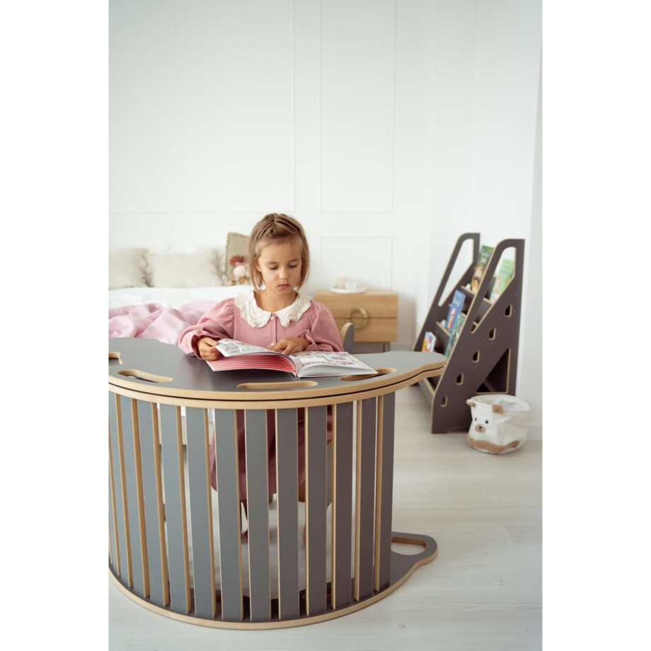 3w1 DUŻY bujak montessori z uchwytami + DUŻA zjeżdżalnia CHMURKI + blat - szary