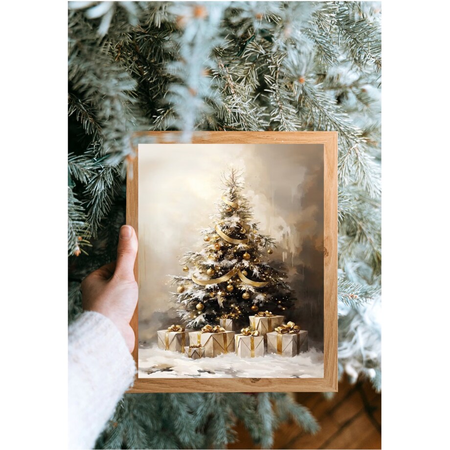 Poster Story, Plakat, Obraz - Złota Choinka Pokryta Śniegiem, wymiary 21 x 30 cm