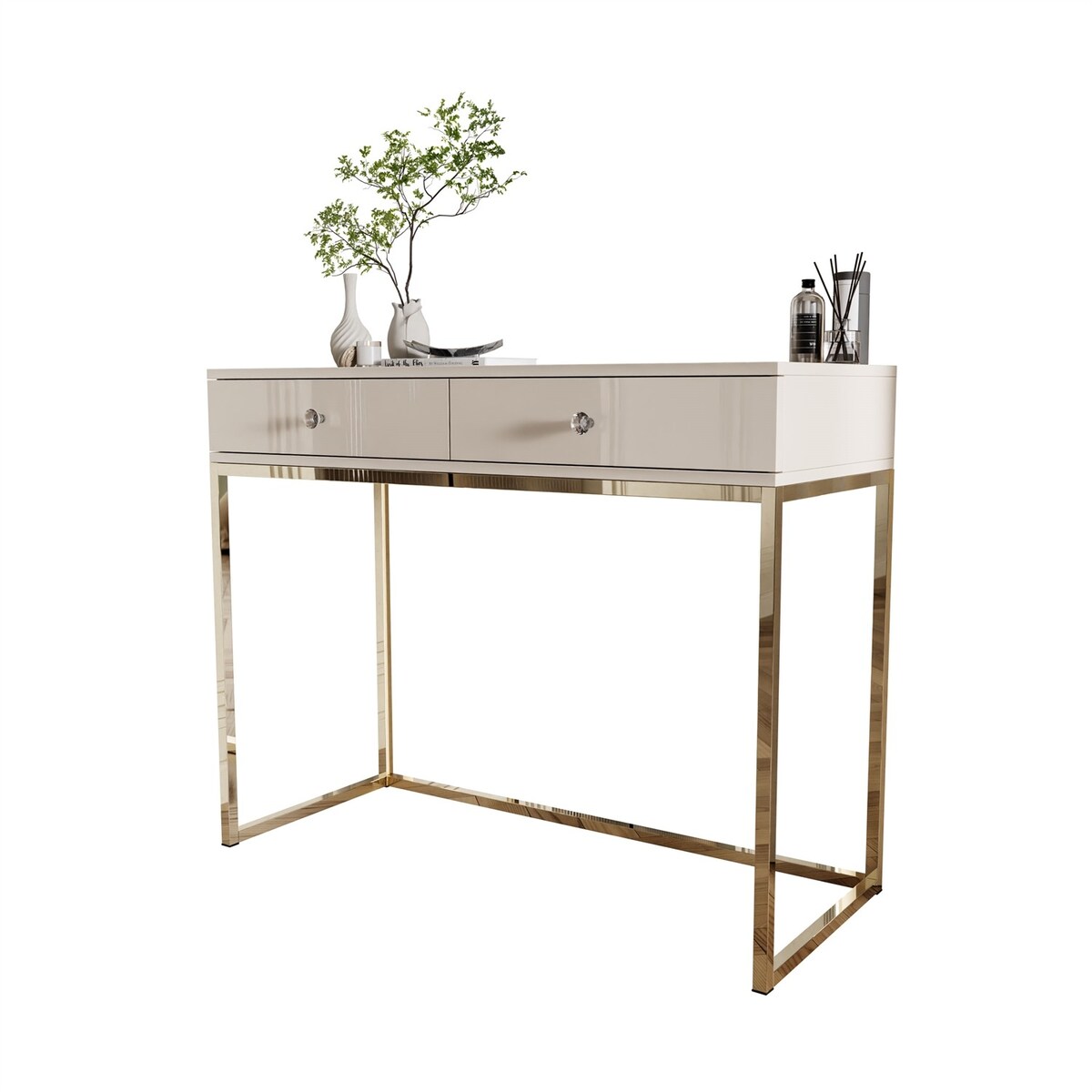 Konsola BLANCO GLAMOUR KASZMIR na złotym chromowanym stelażu, uchwyt biały kryształ