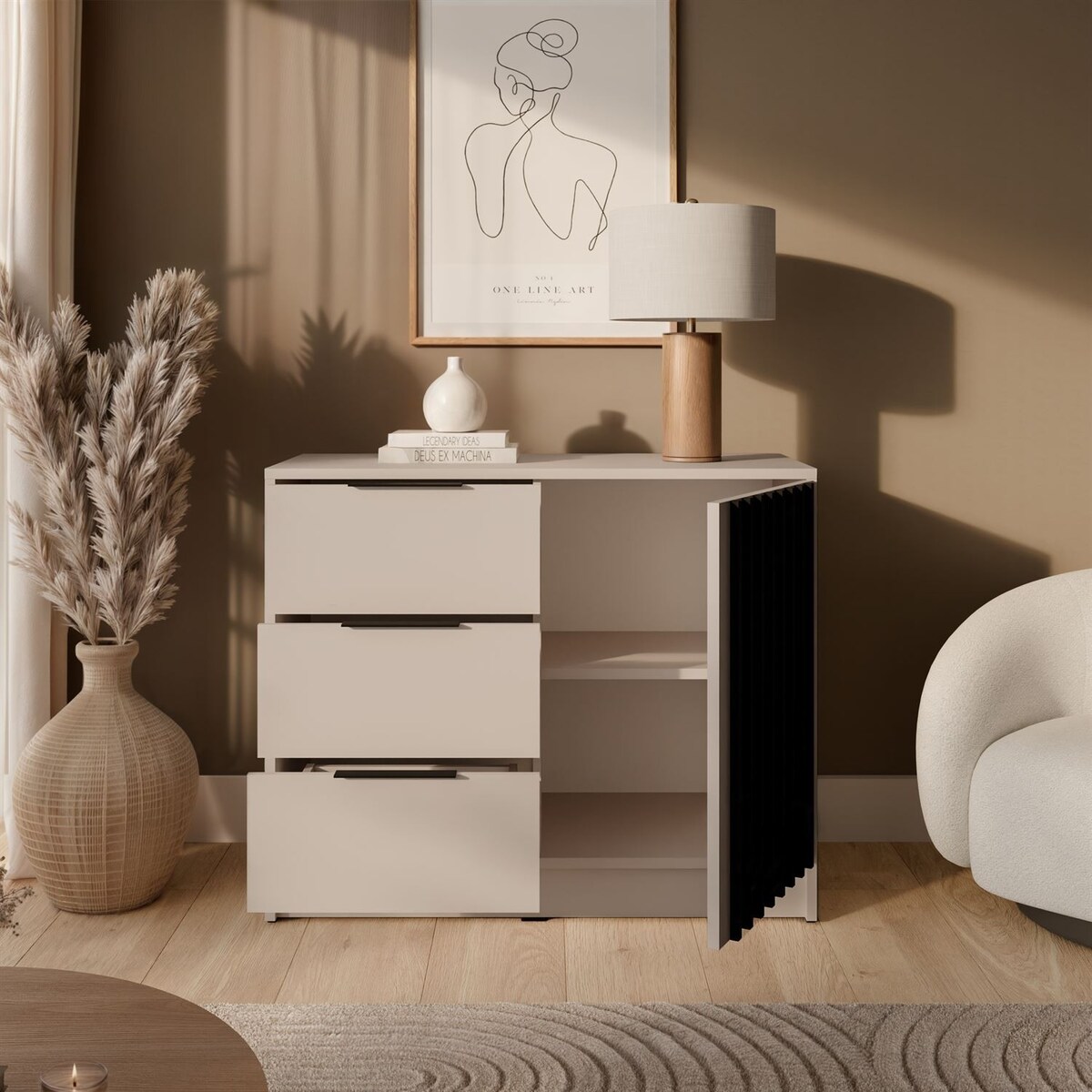Komoda NELA 1D3S z lamelami, kaszmir + czarny