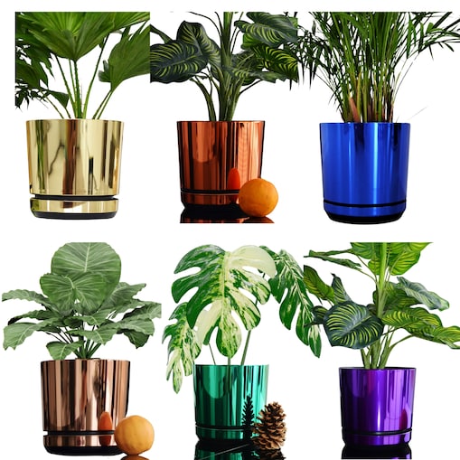 6 sztuk DEKOR KOLOROWY ZESTAW 12 cm doniczki z podstawką różne wzory nowoczesne eleganckie glamour wysoki połysk z drenażem