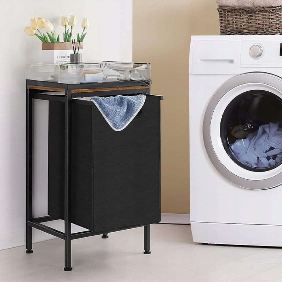 Kosz na pranie wolnostojący z półką industrialny loft drewniany retro 72 cm