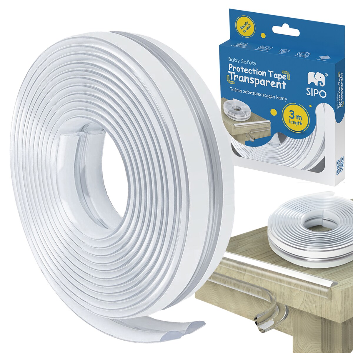 taśma silikonowa transparentna zabezpieczająca ostre krawędzie mebli, sipo, 3 metry