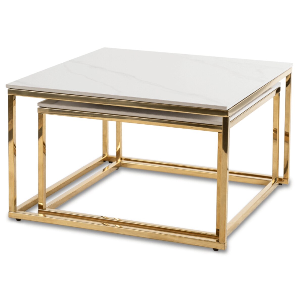 Stolik Kawowy Kwadratowy Zestaw 2w1 Ława Glamour Biały Marmur Złoty TENOR