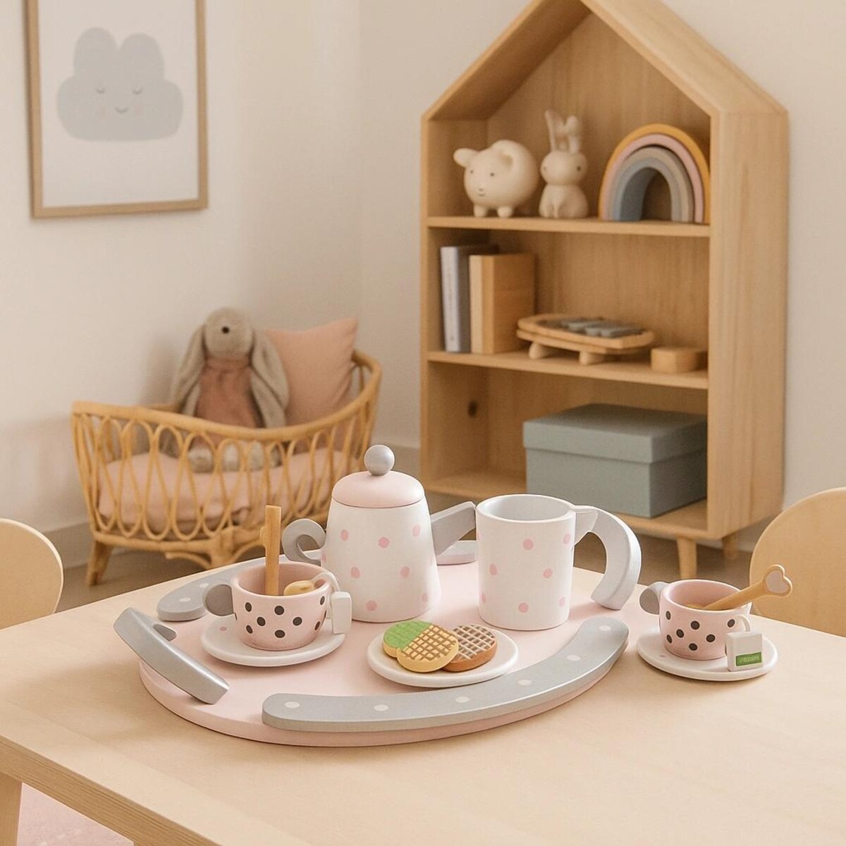 Drewniany zestaw do herbaty lub kawy dla dzieci – 15 elementów, Montessori