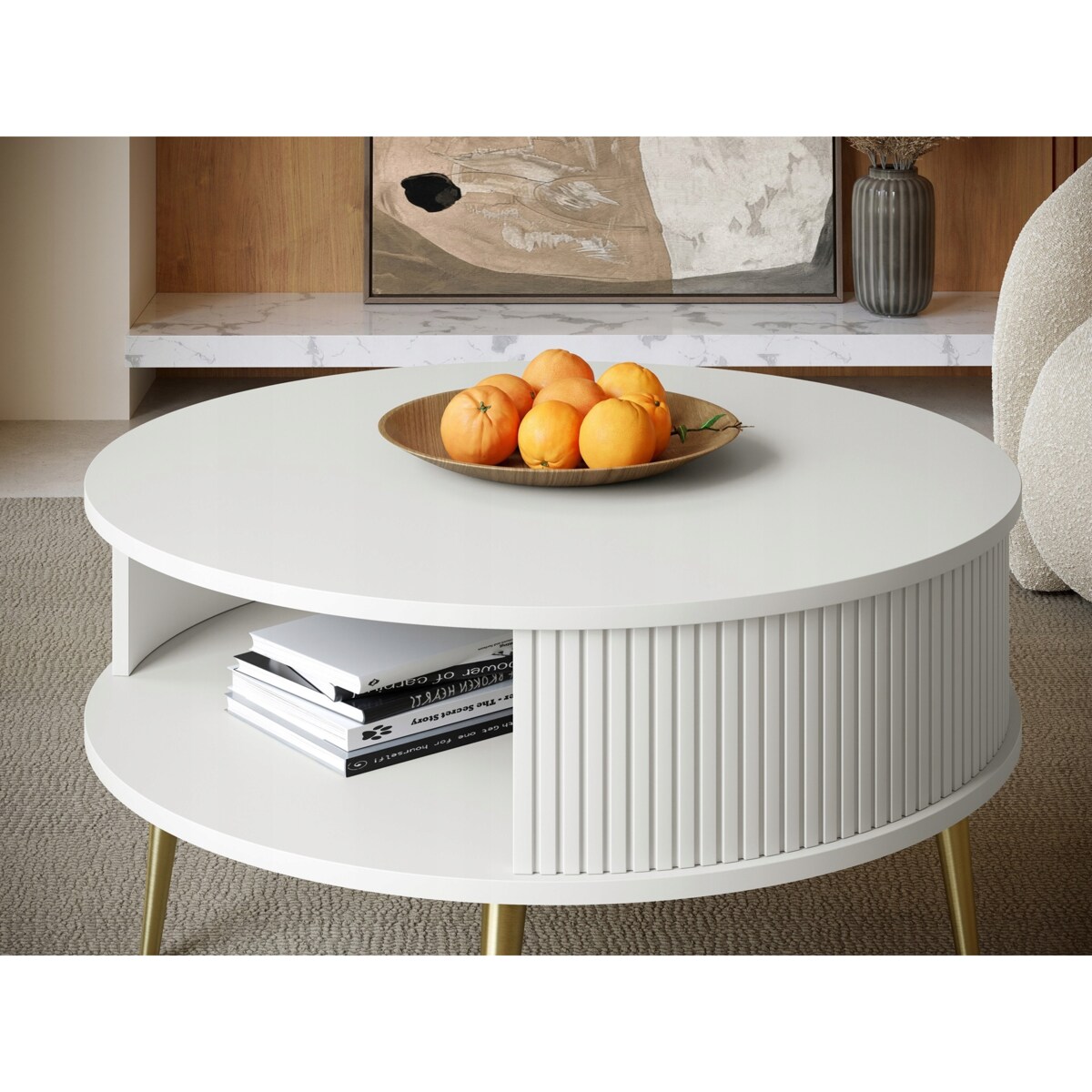 Stolik Kawowy Okrągły DO SALONU Biały Złote Nogi Lamele GLAMOUR 76cm
