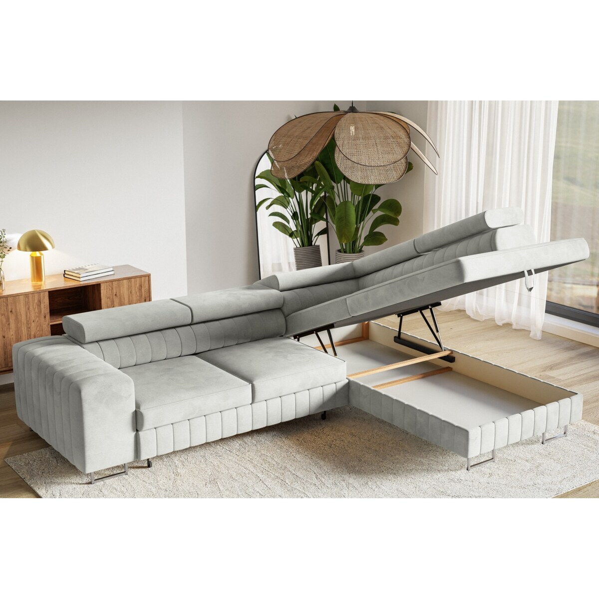 Narożnik NOLA do salonu, na srebrnych nogach-prawostronny-Matt Velvet szary