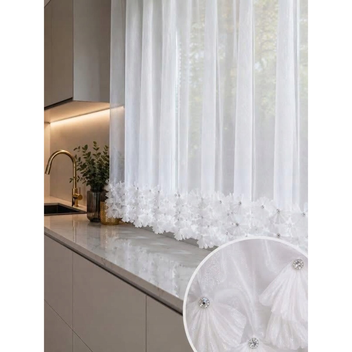 Firana PŁATKI CRYSTAL 3D SZYFON biała z CYRKONIAMI | 400X90 cm PRZELOTKA