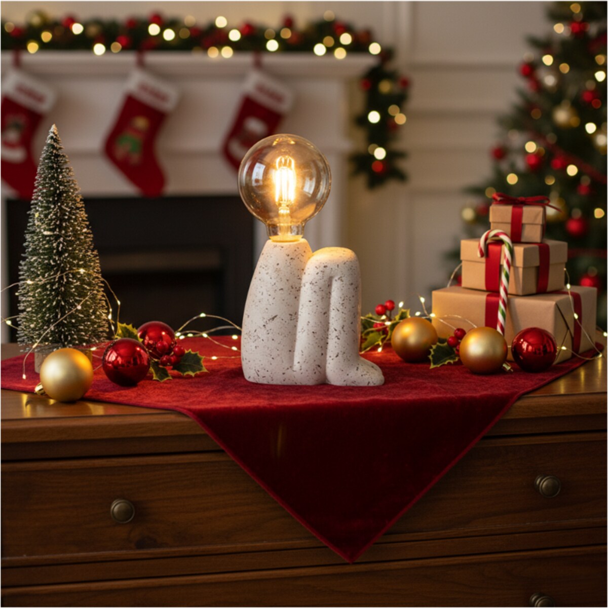 Lampka Nocna Led Stojąca Stołowa Cementowa Dekoracyjna Na Baterie Biała