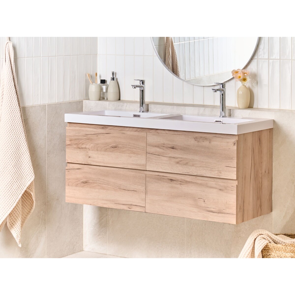 Szafka łazienkowa wisząca z podwójną umywalką RANCO 120 cm 52 cm Jasnobrązowy