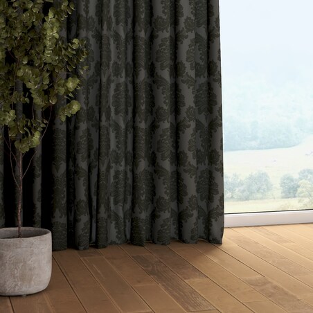 Zasłona na taśmie marszczącej 1 szt. 130x260 czarne liście akantu na grafitowym tle