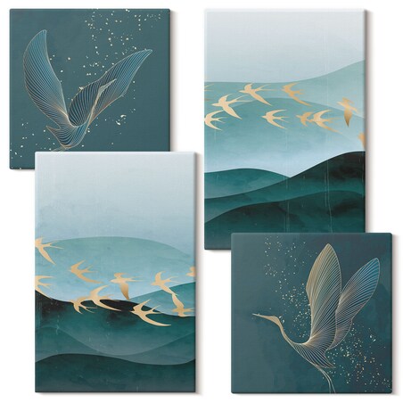 Zestaw 4 obrazów na płótnie - Abstrakcyjne pejzaże fal ptaków - turkusowy