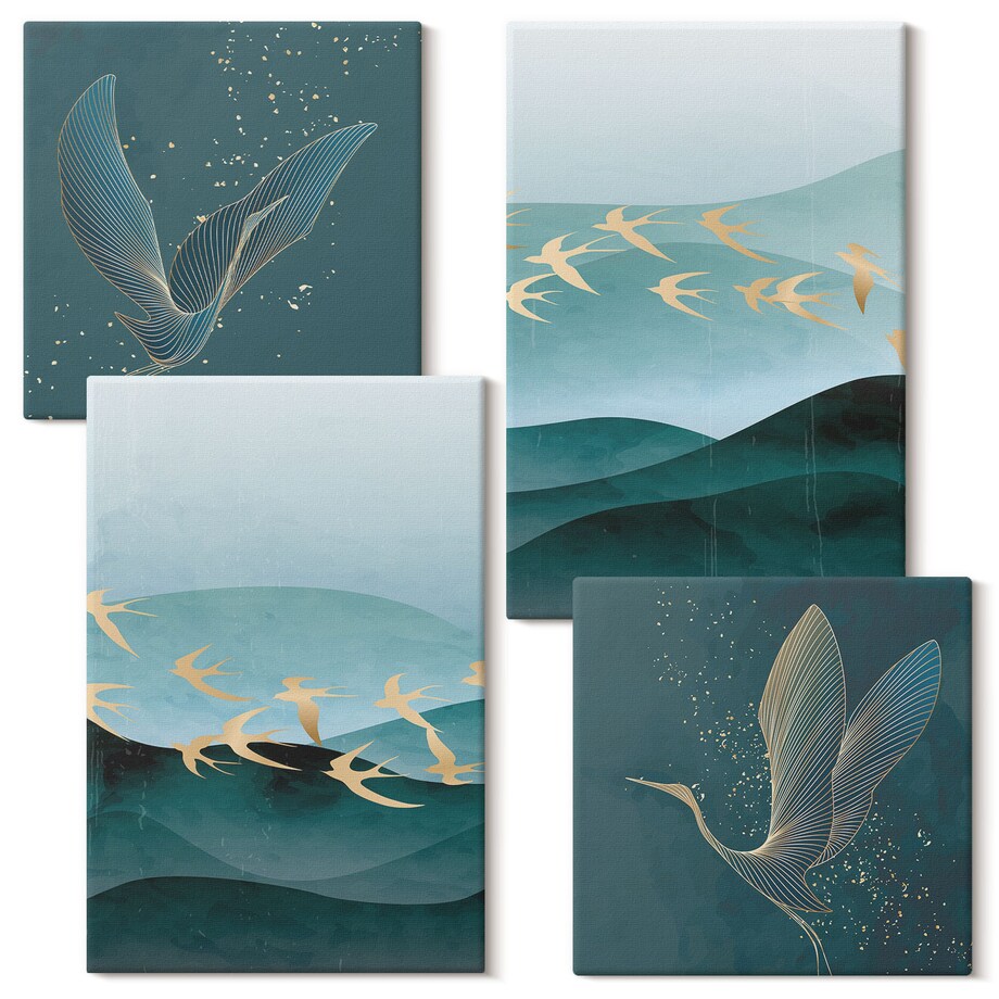 Zestaw 4 obrazów na płótnie - Abstrakcyjne pejzaże fal ptaków - turkusowy