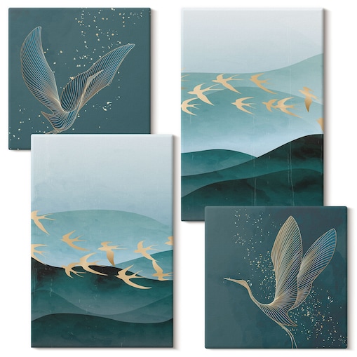 Zestaw 4 obrazów na płótnie - Abstrakcyjne pejzaże fal ptaków - turkusowy