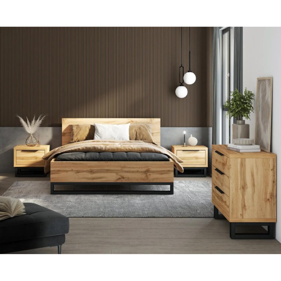 Łóżko HALLE 160x200 dąb wotan mat/czarne z pojemnikiem