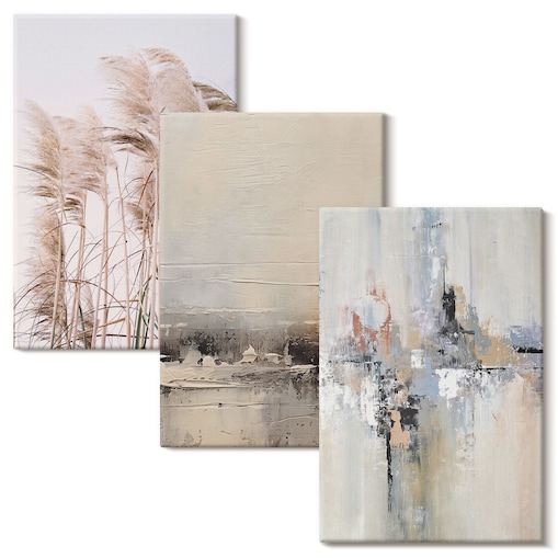 Zestaw 3 małych obrazów na płótnie - Roślinność abstrakcyjne wzory - beżowy