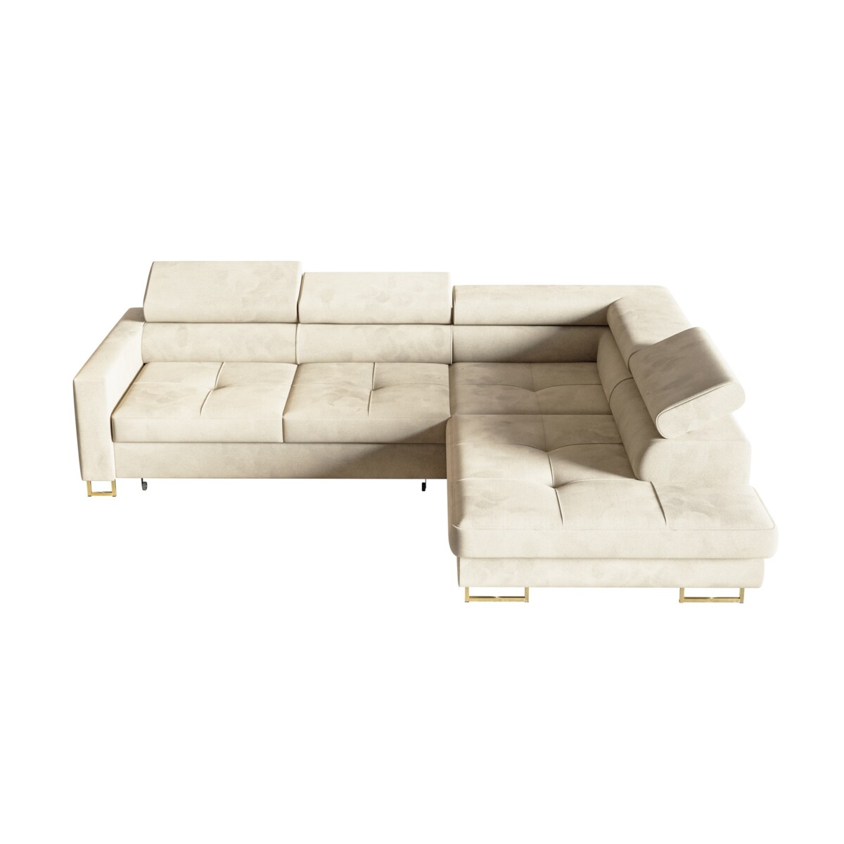 Narożnik rozkładany MERY z regulowanymi zagłówkami na złotych nóżkach prawy