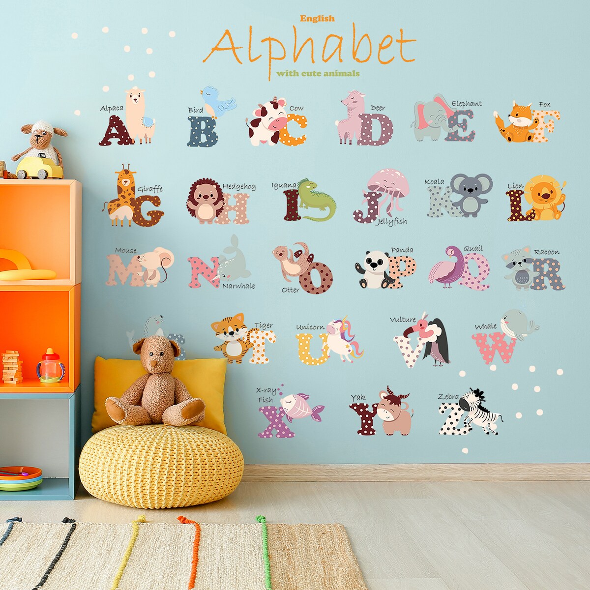 naklejki na ścianę do pokoju dziecka, sipo, alfabet zwierzątka
