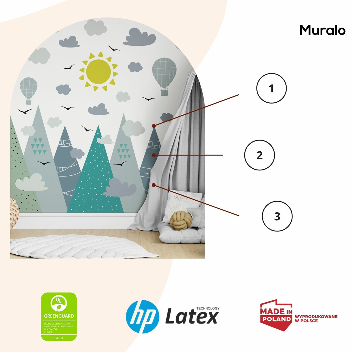 ZESTAW NAKLEJEK NA ŚCIANĘ DLA DZIECI GÓRY BALONY CHMURY PTAKI STYL BOHO