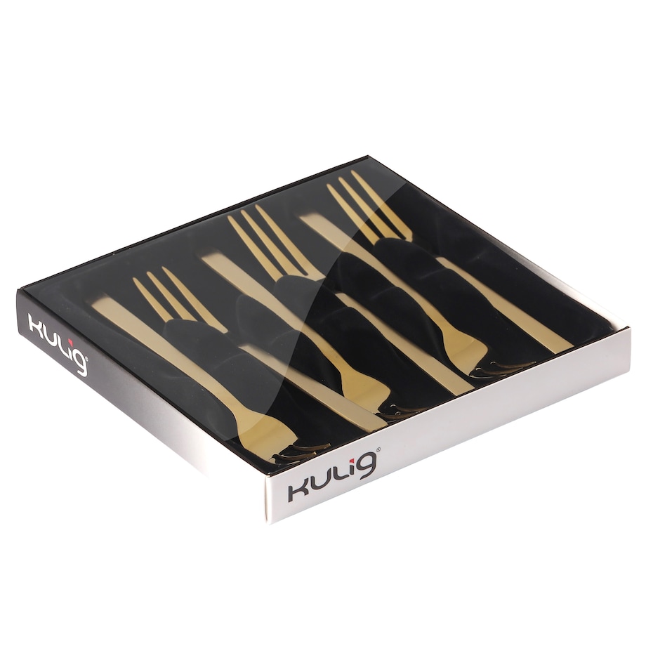 Komplet 6 widelczyków do ciasta Piano gold w pudełku 29514