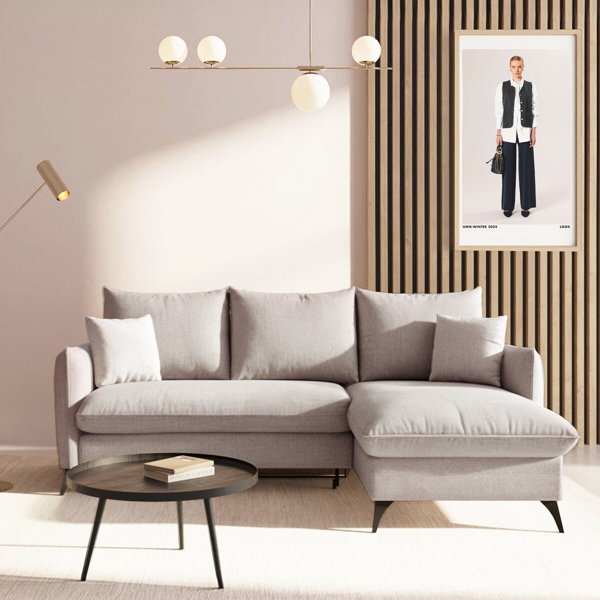 Brim Sofa narożna prawa z funkcją spania i pojemnikiem prawa jasnoszara