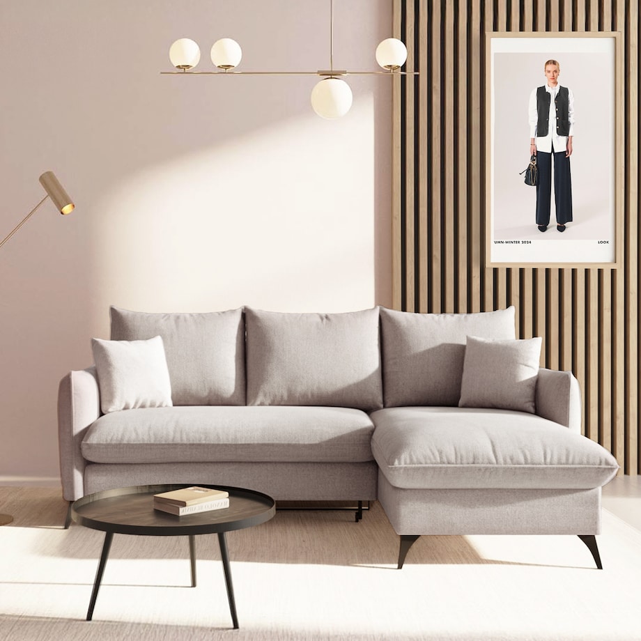 Brim Sofa narożna prawa z funkcją spania i pojemnikiem prawa jasnoszara