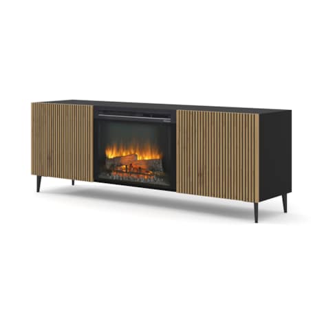 Szafka RTV RAVENNA F 177 cm z kominkiem 2D czarny // czarny artisan
