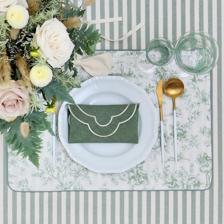Podkładki dwustronne Toile de Jouy Green & Stripes - 4 sztuki
