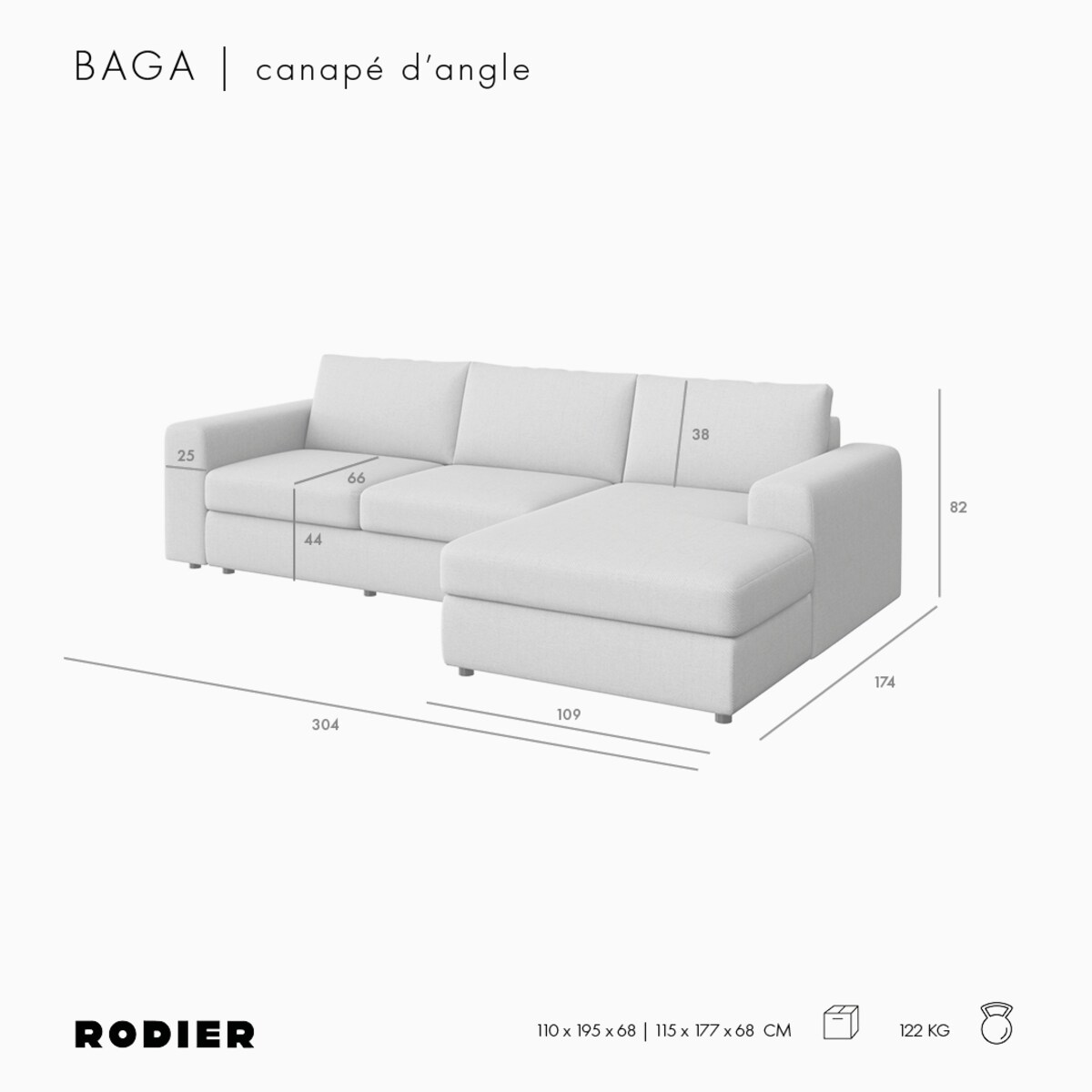 Sofa narożna prawa Baga XL kremowa
