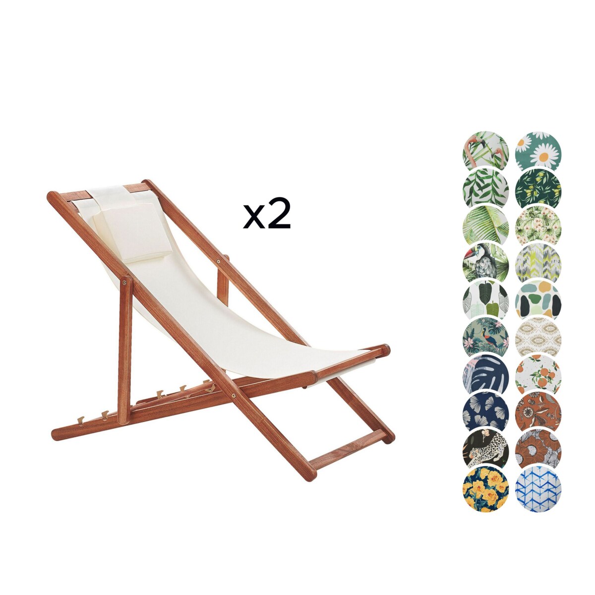 Zestaw 2 leżaków ogrodowych i 2 wymiennych tkanin (różne warianty) ciemne drewno AVELLINO