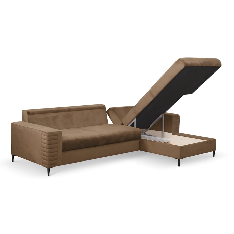 Narożnik rozkładany z zagłówkiem i pojemnikiem OLI, prawostronny, brązowy