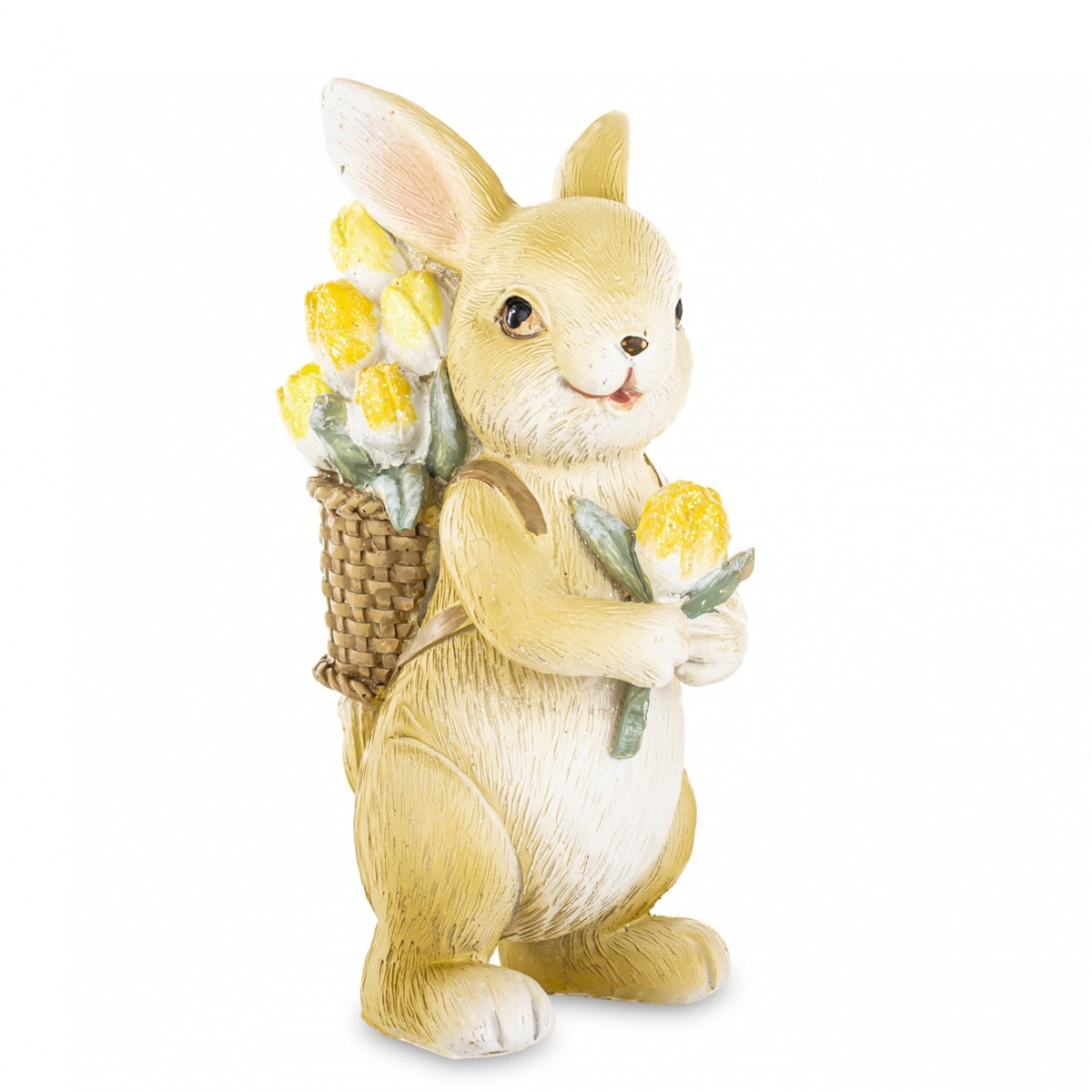 Dekoracja - króliczek z koszem tulipanów na plecach 11x4,5x6 cm