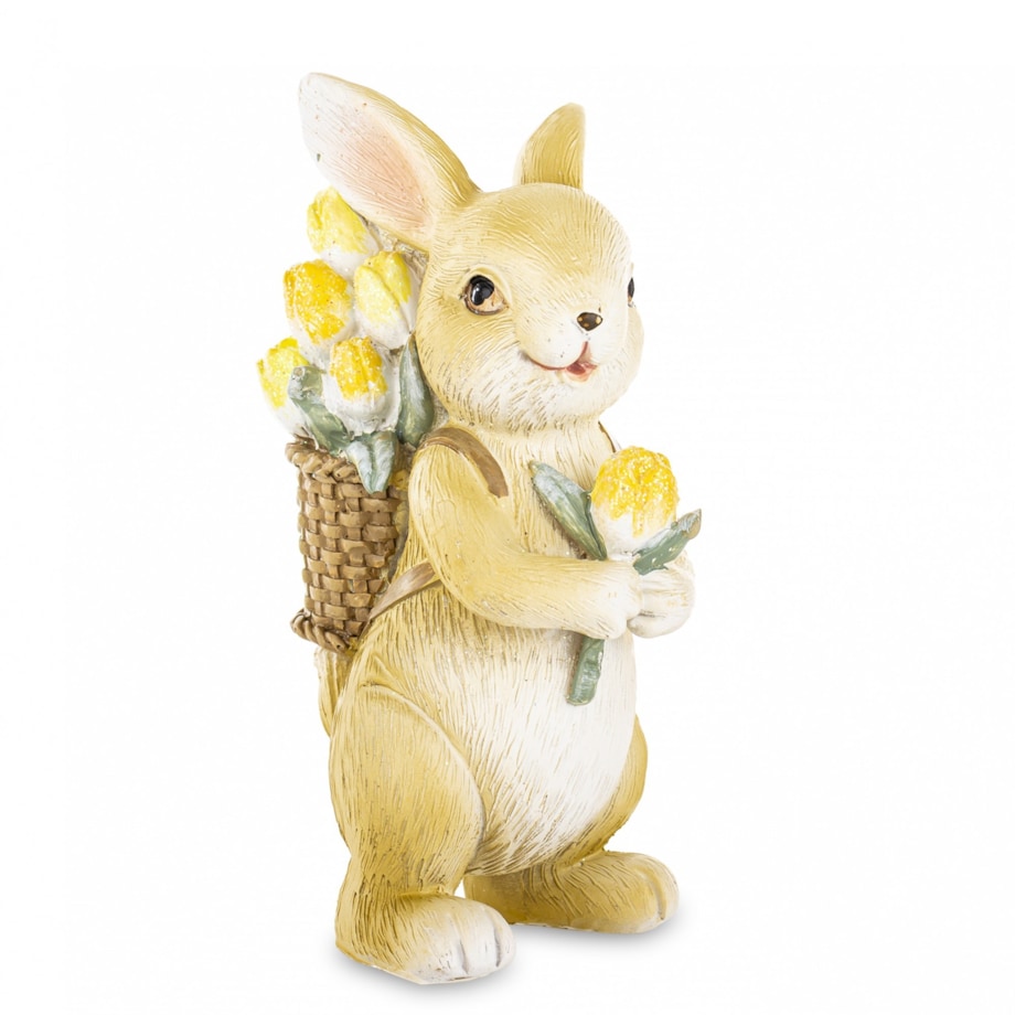 Dekoracja - króliczek z koszem tulipanów na plecach 11x4,5x6 cm