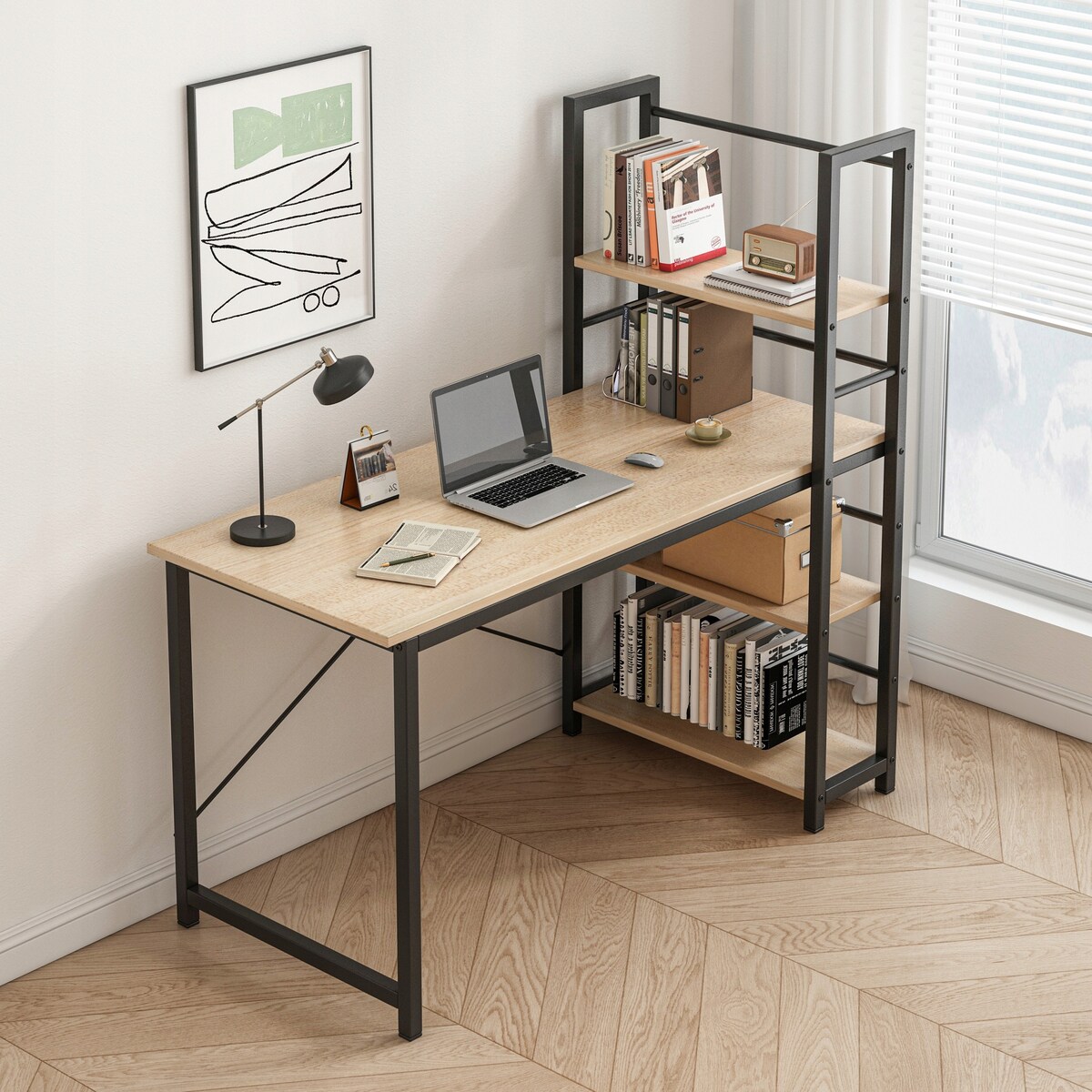 Biurko komputerowe z regałem półkami nowoczesne metalowe loft jasny brąz