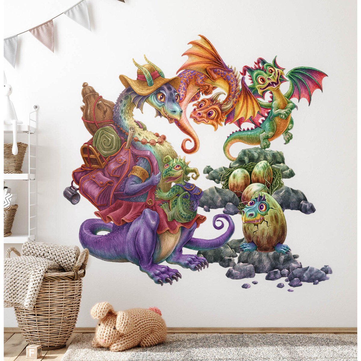 Zestaw naklejek na ścianę, Rodzina smoków, 100cm