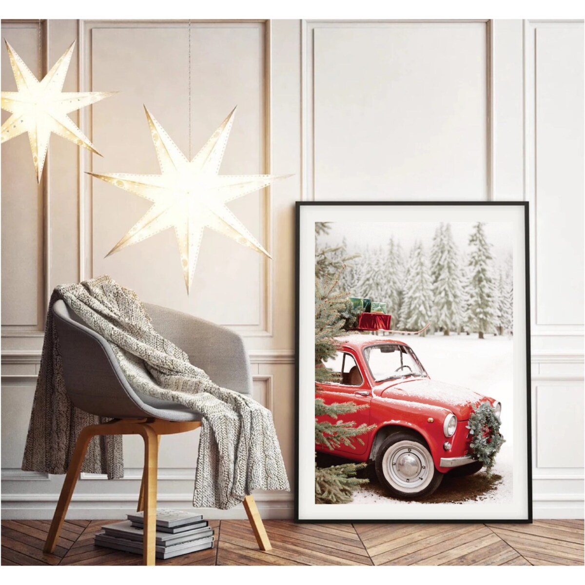 Poster Story, Plakat, Obraz - Świąteczna Podróż Czerwonym Autem, wymiary 70 x 100 cm