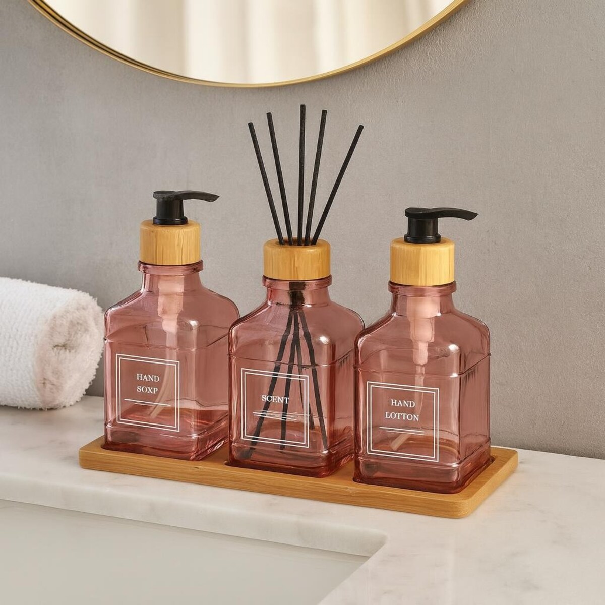 Zestaw łazienkowy z tacką i dyfuzorem 340 ml 15x7x7 cm OLER różowy